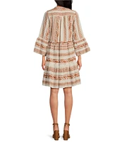 ELAN Arrow Print Split V-Neck 3/4 Bell Sleeve Babydoll Dress