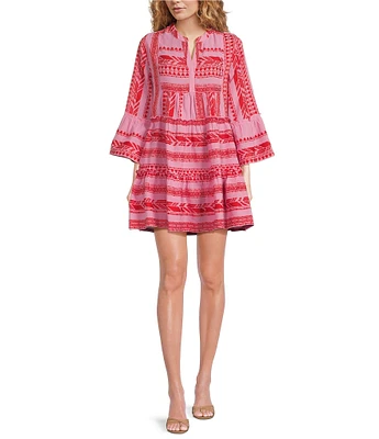 ELAN Arrow Print Split V-Neck 3/4 Bell Sleeve Babydoll Dress