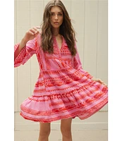 ELAN Arrow Print Split V-Neck 3/4 Bell Sleeve Babydoll Dress