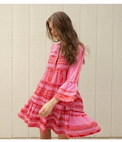 ELAN Arrow Print Split V-Neck 3/4 Bell Sleeve Babydoll Dress