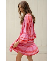 ELAN Arrow Print Split V-Neck 3/4 Bell Sleeve Babydoll Dress