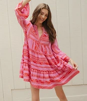 ELAN Arrow Print Split V-Neck 3/4 Bell Sleeve Babydoll Dress