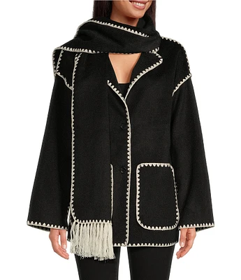 ELAN Blanket Stitch Open Long Sleeve Fringe Scarf Jacket