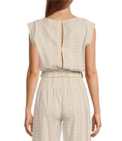 ELAN Coordinating Metallic Arrow Print Crew Neck Cap Sleeve Banded Cropped Top