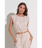 ELAN Coordinating Metallic Arrow Print Crew Neck Cap Sleeve Banded Cropped Top
