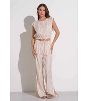 ELAN Coordinating Metallic Arrow Print Crew Neck Cap Sleeve Banded Cropped Top