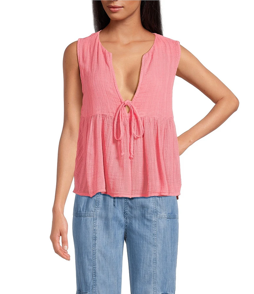ELAN Cotton Blend Coordinating Sleeveless Tie Front Flyaway Top