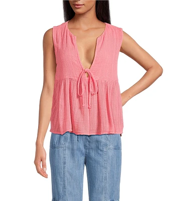 ELAN Cotton Blend Coordinating Sleeveless Tie Front Flyaway Top