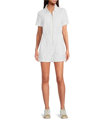 ELAN Denim Short Sleeve Zip Front Romper