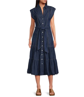 ELAN Denim V-Neck Short Cap Sleeve Midi Dress