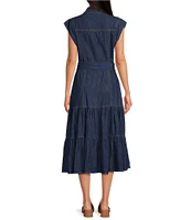 ELAN Denim V-Neck Short Cap Sleeve Midi Dress