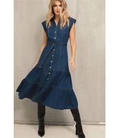 ELAN Denim V-Neck Short Cap Sleeve Midi Dress