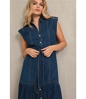 ELAN Denim V-Neck Short Cap Sleeve Midi Dress