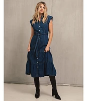 ELAN Denim V-Neck Short Cap Sleeve Midi Dress