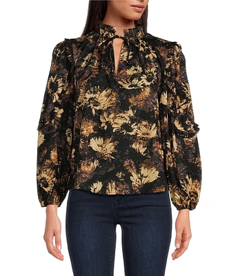 ELAN Floral Print Tie V-Neck Long Sleeve Top