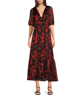 ELAN Floral V-Neck Short Sleeve Maxi Dress