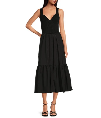 ELAN Mixed Media V-Neck Sleeveless A-Line Midi Dress