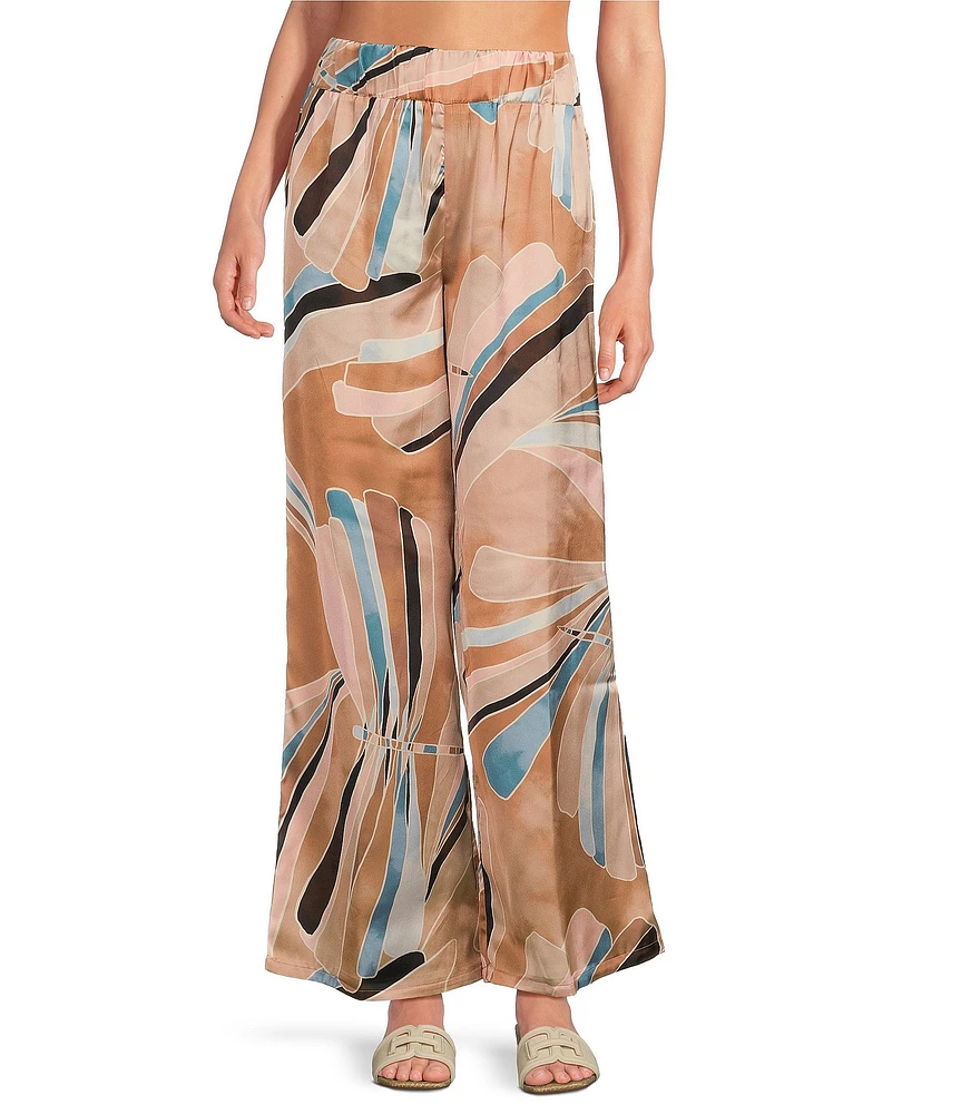 ELAN Coordinating Paisley Print Elastic Waistband Side Slit Pull-On Wide Leg Pants