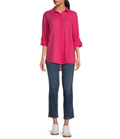 ELAN Placed Graphic Print Point Collar High-Low Hem Long Sleeve Button Front Shirt