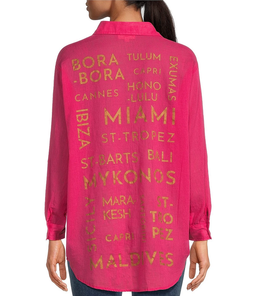 ELAN Placed Graphic Print Point Collar High-Low Hem Long Sleeve Button Front Shirt