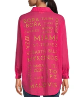 ELAN Placed Graphic Print Point Collar High-Low Hem Long Sleeve Button Front Shirt