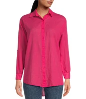ELAN Placed Graphic Print Point Collar High-Low Hem Long Sleeve Button Front Shirt
