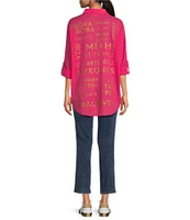 ELAN Placed Graphic Print Point Collar High-Low Hem Long Sleeve Button Front Shirt