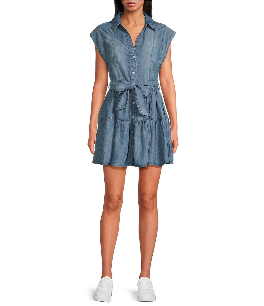 ELAN Point Collar Neck Cap Sleeve Belted Button Front Denim Shirt Dress