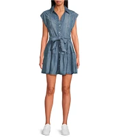 ELAN Point Collar Neck Cap Sleeve Belted Button Front Denim Shirt Dress