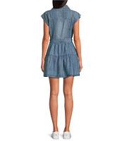 ELAN Point Collar Neck Cap Sleeve Belted Button Front Denim Shirt Dress