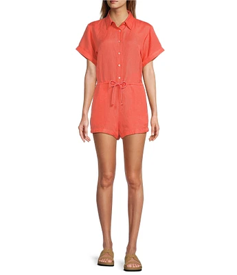 ELAN Point Collar Short Sleeve Button Front Romper