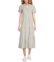 ELAN Poplin V-Neck Button Down Short Sleeve Midi Dress