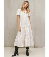 ELAN Poplin V-Neck Button Down Short Sleeve Midi Dress