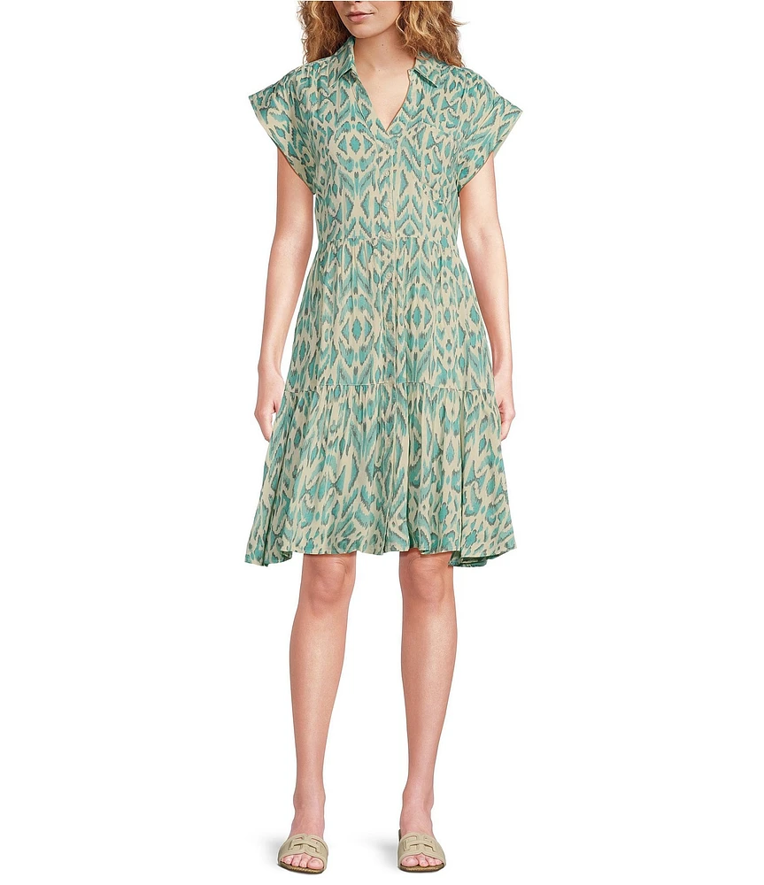 ELAN Printed Collared V-Neck Cuffed Cap Sleeve Button Front A-Line Dress