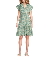 ELAN Printed Collared V-Neck Cuffed Cap Sleeve Button Front A-Line Dress