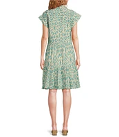 ELAN Printed Collared V-Neck Cuffed Cap Sleeve Button Front A-Line Dress