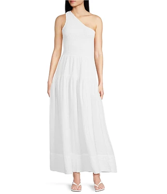 ELAN Solid Woven One Shoulder Neck Smocked Bodice A-Line Maxi Dress