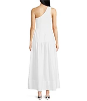 ELAN Solid Woven One Shoulder Neck Smocked Bodice A-Line Maxi Dress