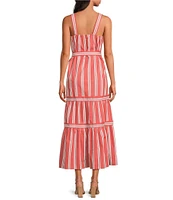 ELAN Stripe Cotton Blend Square Neck Sleeveless Belted Maxi Dress