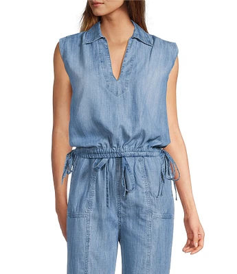 ELAN Tencel Chambray Coordinating Johnny Collar Sleeveless Top