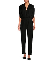 ELAN V-Neck Stretch Draped Front Short Sleeve Jumpsuit