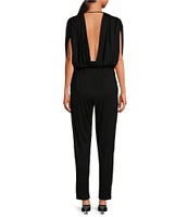 ELAN V-Neck Stretch Draped Front Short Sleeve Jumpsuit