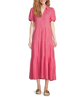 ELAN Woven Point Collar Bubble Sleeve Button Front Midi Shirt Dress