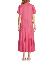 ELAN Woven Point Collar Bubble Sleeve Button Front Midi Shirt Dress