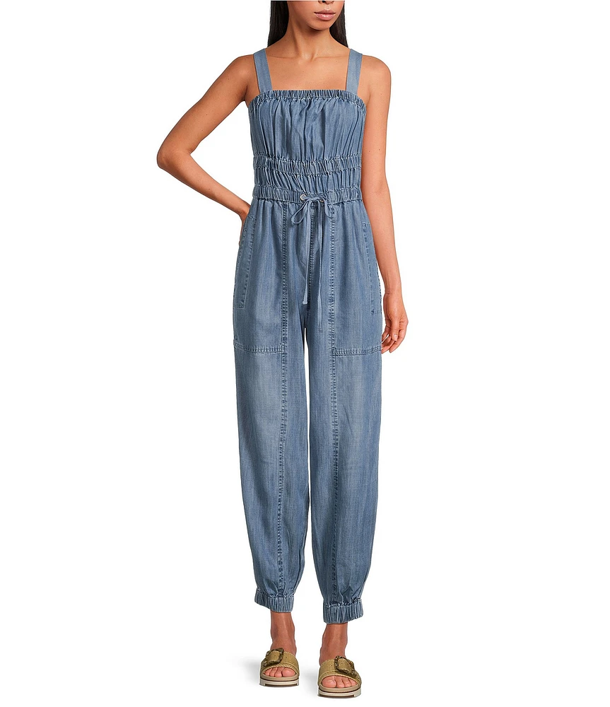 ELAN Woven Square Neck Sleeveless Tank Straps Drawstring Jogger Jumpsuit