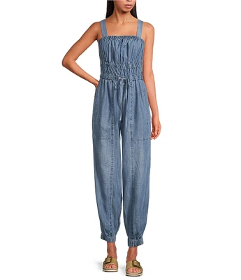 ELAN Woven Square Neck Sleeveless Tank Straps Drawstring Jogger Jumpsuit