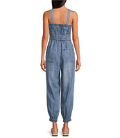 ELAN Woven Square Neck Sleeveless Tank Straps Drawstring Jogger Jumpsuit