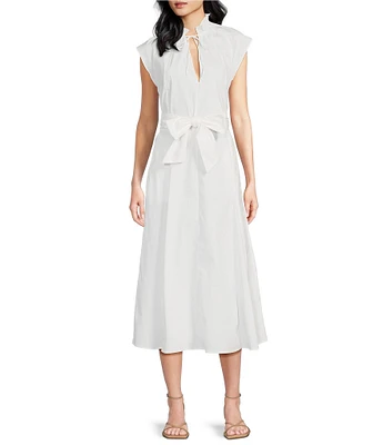 ELAN Woven Stand Collar Neck Cap Sleeve Belted Ruffle A-Line Dress