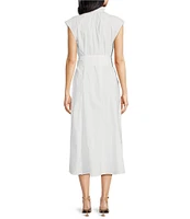 ELAN Woven Stand Collar Neck Cap Sleeve Belted Ruffle A-Line Dress
