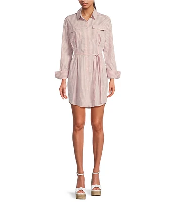 ELAN Woven Stripe Print Point Collar Long Sleeve Belted Button Front Shirt Dress